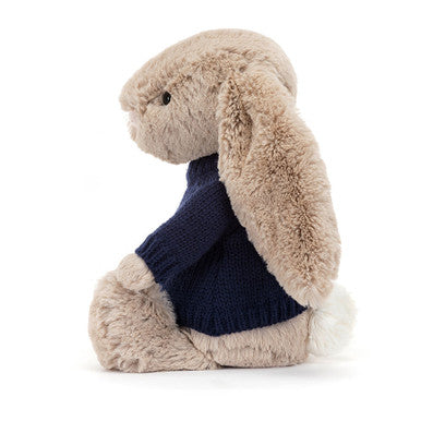 Lapin beige timide avec pull bleu marine personnalisé