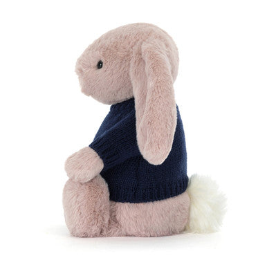 Bashful Luxe Bunny Rosa avec pull bleu marine personnalisé