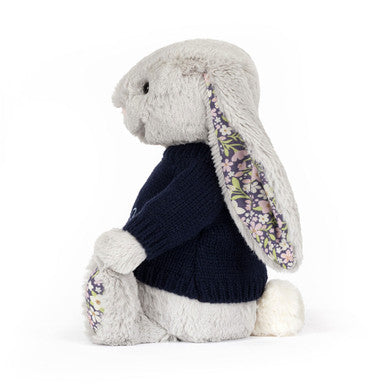 Blossom Silver Bunny 'Bloom' avec pull bleu marine personnalisé