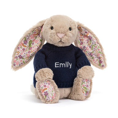 Blossom Beige Bunny 'Petal' avec pull bleu marine personnalisé