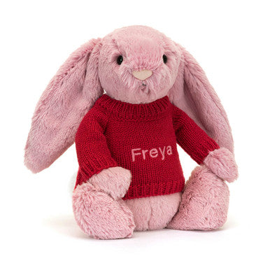 Lapin rose tulipe timide avec pull rouge personnalisé