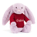 Lapin lilas timide avec pull rouge personnalisé