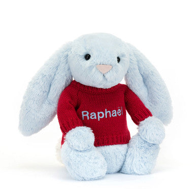 Lapin bleu timide avec pull rouge personnalisé