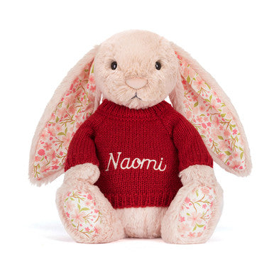 Blossom Blush Bunny 'Cherry' avec pull rouge personnalisé